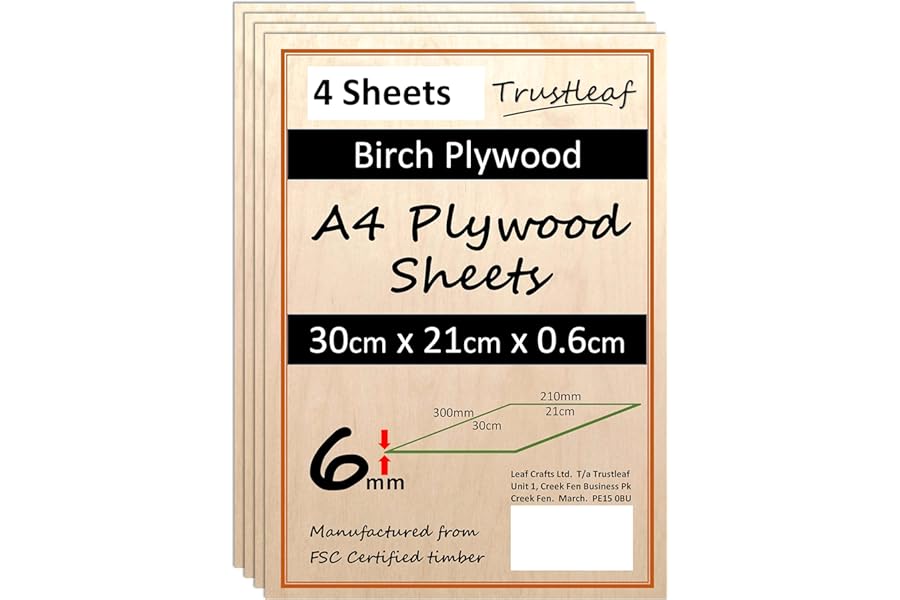 6mm Birch Plywood A4-300x210x 6mm - (Pack of 4) Laserable Low Fume E1 Glue Ply.