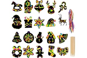 LOKIPA Christmas Scratch Paper Art Ornaments,80 Rainbow Magic Scratch Off Paper Cards with Drawing Sticks&Ribbon for Christmas Decoration