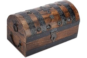 Ajuny Handcrafted Wooden Pirate Treasure Chest - Vintage Keepsake & Decorative Storage Box with Shell Strips, Large Jewelry & Trinket Holder Organizer Home Decor Gift 11x6 Inch