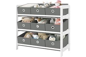‎LESTARAIN Lestarain Kinderregal mit 9 Boxen, Bücherregal Kinder, Spielzeug Aufbewahrung, Montessori Spielzeugregal, Regal Kinderzimmer Spielzimmer Kindergarten, 63,5x58x29,5 cm, Holz, Weiß Grau