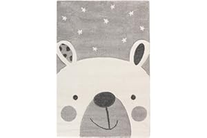 Qiyano Teppich für Kinderzimmer Spielmatte mit Tiermotiv Panda-Bär Bär Hase Pinguin Kinderteppich für Junge und Mädchen, Motiv: Bär, Farbe: Grau, Größe: 80 x 150 cm