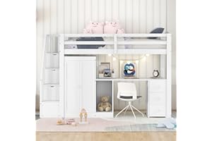 Moimhear 90 x 200 letto a soppalco con armadio e scale, scrivania e cassetti e armadio in uno, bianco