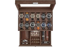 SONGMICS Porta Orologi a 12 Posti, Scatola Portaorologi a 2 Livelli, Coperchio in Vetro, Chiusura, Cassetto, Idea Regalo, Superficie in PU Marrone, Interno Marrone JWB012K01