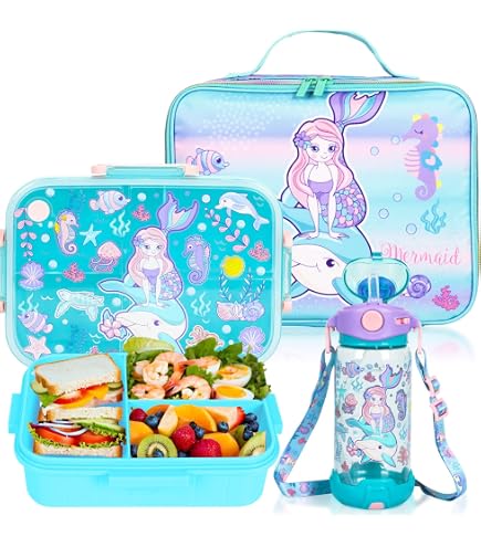 JYPS Set Lunch Box Enfant 2PCS - Sac Isotherme Repas + Bento Licorne Avec Couverts (Rose)