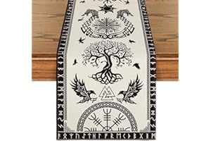 YCLEKIQA Vintage Viking Pattern Table Runner, 71x13In Black & White Viking Tree of Life Raven Helm of Awe Table Runner for Seasonal Kitchen Dining Table Decor Home Party, Wedding, Holiday Decorations