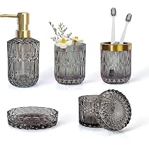 Verre A Dents Set 5 Accessoires Salle De Bain En Verre - Distributeur Savon, Porte-Savon, Porte-Brosse à Dents, Pot Coton-Tige, Gobelet Verre Salle De Bain