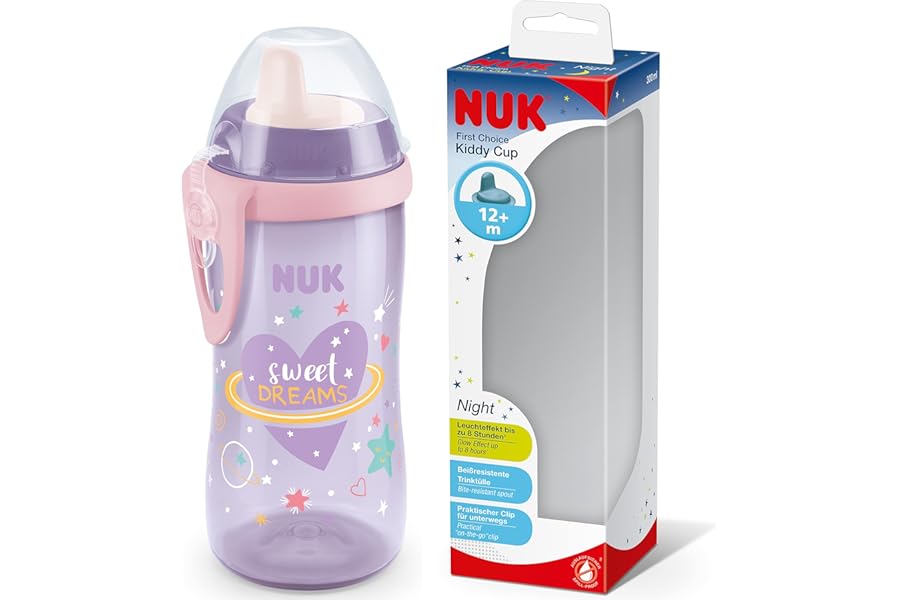 NUK Kiddy Cup Night Toddler Cup | 12+ Months | 300 ml | Leak-Proof Toughened Spout | Glow in The Dark | Clip & Protective Cap | BPA-Free | Purple