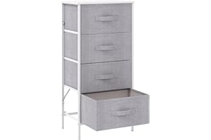 KU Syang Dresser with 4 Drawers - Fabric Chest of Drawers with Large Storage Space, Modern Tall Tower Unit Storage Organiser for Living Room/Bedroom, Wooden Top and Metal Frame (White/Grey)