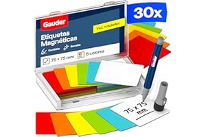 GAUDER Etiquetas Magnéticas Reutilizables - Imanes para Escribir para Pizarra Blanca, Tablero Kanban, Nevera y más - Tarjetas Magnéticas con Rotulador (30 Unidades - 75 x 75 mm)