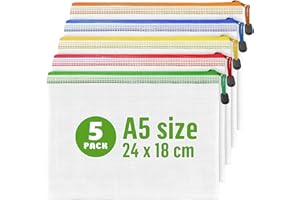‎IRICUS 5er Pack Dokumententasche A5 24x18 cm - A5 Kunststofftaschen Dokumentenmappe A5 Netz - Reißverschlusstaschen Reisetasche für Dokumente Beutel Mit Reißverschluss A5 für Schule Büro Hausaufgaben