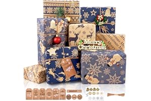 MAMUNU Lot de 6 feuilles de papier cadeau, recyclé papier cadeau de Noël kraft bleu marine et marron, avec étiquettes, autocollants et cordes en papier, 5 motifs, 76 x 50 cm