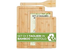 FAH FAMILY AT HOME FAH - Set 3 Taglieri in Bamboo da Cucina Professionali con Mestolo da Cucina - Legno Naturale Antibatterico Ideale per Tagliare Carne, Formaggi, Pane, Aperitivo
