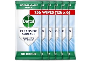 Dettol Antibacterial Cleansing Surface Biodegradable Wipes, Fragrance Free, 756 Wipes (126 x 6pck), Disinfectant, Home Hygien