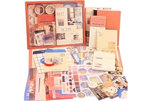 Irayin Juego de Accesorios Vintage para Scrapbook 155 Piezas Estéticas Bullet Journal Accesorios con Cuaderno de Cuadrícula A6, DIY Scrapbook Regalo de Bricolaje para Niñas, Mujeres(Cielo)