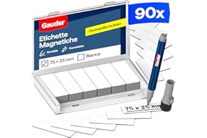 GAUDER Etichette Magnetiche Riscrivibili - Magneti Riutilizzabili da Etichettare per Lavagna, Lavagna Kanban, Frigorifero e Bacheca - Cartellini Magnetici con Pennarello (90 Pezzi - 75 x 25 mm)