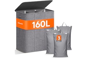 Lifewit 160L Panier à Linge 3 Compartiment avec Couvercle, Grand Corbeille à Linge avec Poignées, Panier Linge Sale avec 3 Sacs à Linge Amovibles, Pour Chambre, Salle de Bain, Buanderie, Gris Clair