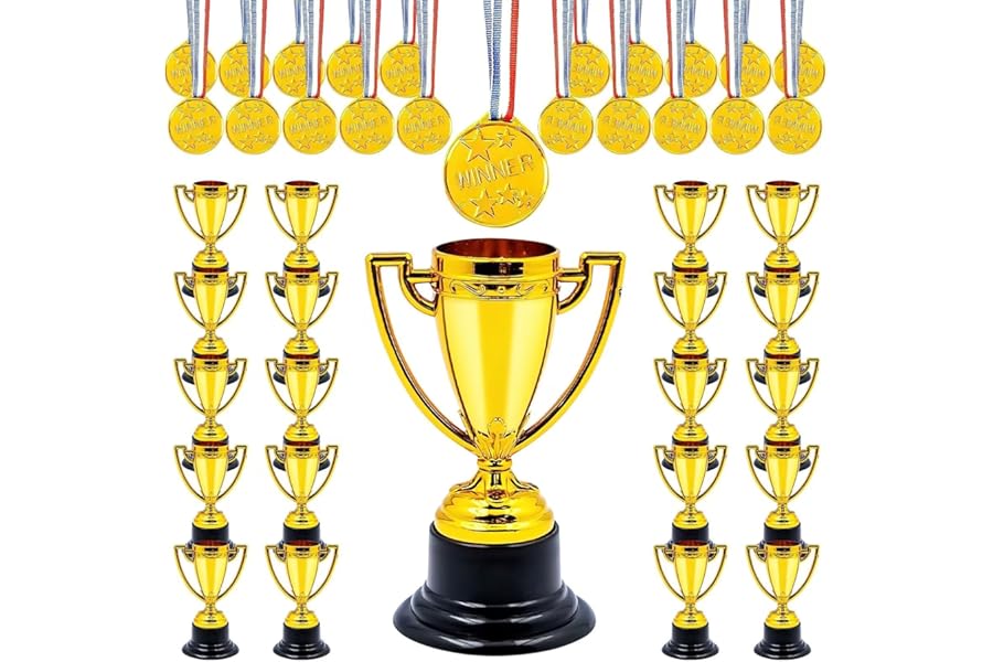 MSYU 40 PCS Mini Trophies and Medals Set Includes 3.34'' Gold Plastic Trophy Cup and 1.4'' Winner Medals for Kids and Adults Party Favors School Sports Events Prize Competition