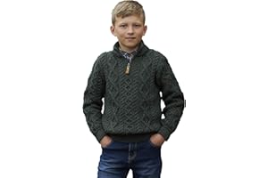 Aran Crafts Boy's Irish Cable Knitted Half Zip Sweater (100% Merino Wool)
