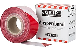 GRIP Eventbasics Absperrband rot-weiß gestreift | 500 m x 70 mm, nicht klebend | LDPE-Flatterband im praktischen Abrollkarton | Markierungsband für Gefahrenbereiche, Baustellenabsperrungen