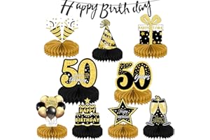 KEPMOV 9 Pieces Birthday Honeycomb Centerpieces, 50th Birthday Centerpieces Black Gold Happy Birthday Banner for Birthday Party Table Decoration, Table Centerpieces for Men Woman Birthday Party Decoration