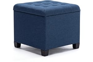 HNNHOME Kostka lniana pufa z pudełkiem do przechowywania i ramą z litego drewna, do salonu toaletki i sypialni z pokrywką, granatowa, 45 cm