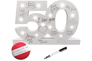 CREOFANT ® XL Gästebuch 50 Geburtstag Deko mit LED Beleuchtung 37 cm x 24 cm · Tischdeko Geschenkidee 50. Geburtstagsgeschenk batteriebetrieben inkl. Stift schwarz