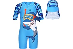 Edjude Boys UV Sun Protection Swimwear Kids One/Two Piece Cartoon Shark Swimming Costume Child Rash Guard Swimsuit Beachwear Wetsuit with Sun Hat for Boys 1-8 Years