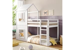 ‎JOVIFY Kinderbett 90x200 Etagenbett für 2 Kinder, Hausbett Hochbett mit Leiter und Baldachin, Baumhausbett Stockbett Kinderhochbett Jugendhochbett mit Rausfallschutz und Lattenrost, Ohne Matratze, Weiß