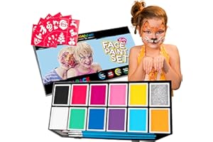 Colorful Art Co. Kids Face Paint Kit - Set of 12 Water-Based Professional Body and Face Paints w/ 3 Painting Brushes & 30 Stencils - Palette for Cosplay, Party and Halloween Makeup﻿