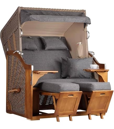 Outsunny Strandkorb Ostsee 2-Sitzer - Volllieger Mit Seitentischen & Fußbänkchen