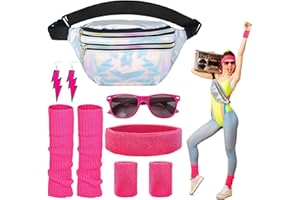 MengQiLe 90er Jahre Accessoires, 80er Jahre Kleidung Outfit Damen Set mit Bauchtasche, Stirnband, Beinwärmer, Armbänder, Brille und Ohrring für 80er 90er Jahre Neon Kostüm Partys