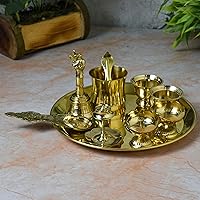 BENGALEN Brass Pooja Thali Set 8 Inch with Pital Puja Plate Kalash Kan