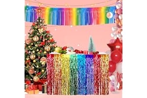 ORIZIZHIC Rainbow Christmas Decorations 1 Wavy Tinsel Foil Fringe Table Skirt 1 Rainbow Tinsel Glitter Banner Pasteable Foil Fringe Tinsel Table Skirts for Christmas Birthday Wedding Carnival Pride Party