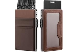 VULKIT Etui na karty kredytowe z przegródkami EDC i okienkiem na dowód osobisty, blokujące RFID, portfel typu pop-up, smukły metalowy portfel, espresso, Einheitsgröße, Minimalistyczny