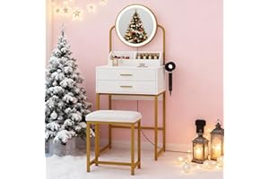 YOURLITE Small Dressing Table with Lighted Mirror and Lights, Compact Vanity Table with with Drawers for Bedroom, Mini White Modern Makeup Desk with Hair Dryer Rack and Cushioned Stool(White and Gold)