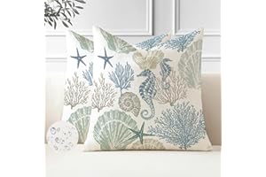 Miuyunya 2er Set Outdoor Kissen 45x45 cm Wetterfest Blau Maritim Kissenbezug Frühling Sommer Wasserfest Kissenbezüge Retro Seestern Hippocampus Sofa Dekokissen Kissenhülle für Garten Sofakissen
