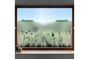 dktie Window Film Privacy Vinyl Frosted Window Film No-Glue Black Window Film Removable Grass, Flowers Static Cling Films for Kitchen, Bathroom, Kids Room 44.5X200CM