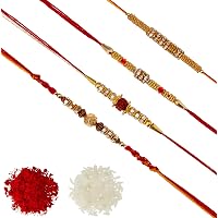Aheli Pack of 4 Rakhi for Men with Roli Chawal Tilak - Fancy Golden Ball Wooden Beads ( R4P12)