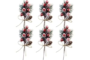Falafoty 6 Stück Künstliche Tannenzapfen Tannennadeln mit Roten Beeren Weihnachts Tannenzapfen Weihnachtsbaumzweige für Weihnachtskränze Bäume Blumenarrangements