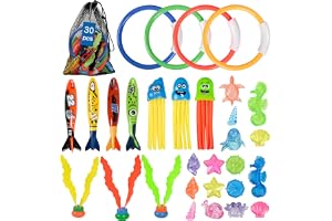 30 Pcs Diving Pool Toys for Kids, Underwater Swimming Toys with Storage Bag, Summer Swim Games Sinking Set, Dive Gifts Include Torpedos Rings Marine Animals Octopus Toys for Boys Girls Toddlers