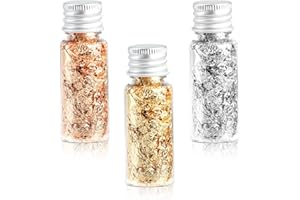 VODUNS Feuille D'or/D'argent/D'or Rose Papier 3 Bouteilles Multifonctionnels Comestibles Gold Foil Paper Metallic Foil Flakes pour Decoration Cuisine Maison Alimentaire Patisserie Gateau Ongles Nail Bijoux