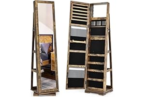 COSTWAY 3-in-1 Jewelry Cabinet, Lockable Jewelry Armoire Storage Unit with Full Length Mirror and Display Shelf, Home Bedroom Dressing Room Cosmetics Jewellery Organiser (360° Swivel Rustic Brown)