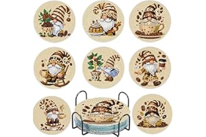 EFNHJF5 8 Stück Kaffee Gnom Diamond Painting Untersetzer with Holder für Basteln Erwachsene,Diamond Painting Kinder,Glasuntersetzer & DIY Zubehör für Wohndekoration