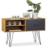 Credenza Retrò Scandinava 70x80x40 Cm - In Legno E Metallo, Bianco/Nero/Beige, Con Ante Scorrevoli - Foto 3