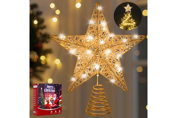 WHOLEV Julgransspetsstjärna, 25cm roséguld julgranstoppar, roséguld tråd glitter trädtopp, 20 LED-lampor glittrade metall juldekorationer, juldekorationer Topper hållare för julgran hem dekoration