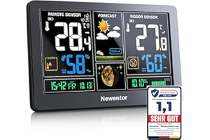 Newentor Wetterstation Funk mit Außensensor - Funkwetterstation mit Wettervorhersage, Temperaturwarnung, DCF Funkuhr - Batteriebetrieb und Netzbetrieb, Schwarz