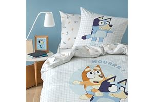 OMYDREAM BLUEY HOURRA Parure de lit Enfant 1 Personne | 100% Coton | Oeko-TEX | Housse de Couette 140x200 cm + Taie d'oreiller 63x63 cm | Imprimé | Bleu