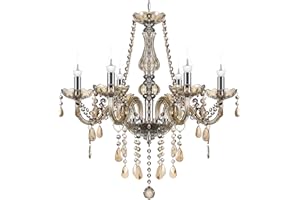TRY-YEAN Lustre Cognac en Cristal 6 Bras Moderne Lampe de Plafond E14 Lustre Cristal K5 Lustre Suspension Pampilles 58cm avec Chaîne Réglable pour Salon Chambre Entrée De Couloir