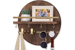 Nekon Key Holder Wall Mount, 11.8 Inch Key Rack with Shelf and 6 Key Hooks, Rustic Key and Mail Organizer, Circular Wooden Key Hanger for Entryway Hallway Kitchen (Brown&Gold)