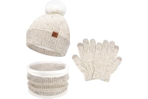 BEQUEMER LADEN Enfants Bébés Hiver Bonnet Gants Tactiles Écharpe Ensemble Bonnet Pompon Moufles Cache-Cou avec Doublure Polaire pour 0-8 Ans Fille Garçon